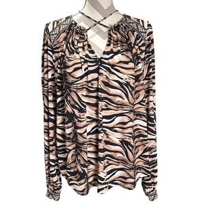 Hale Bob Animal Print Long Sleeve Blouse Top V Neck‎ Size L